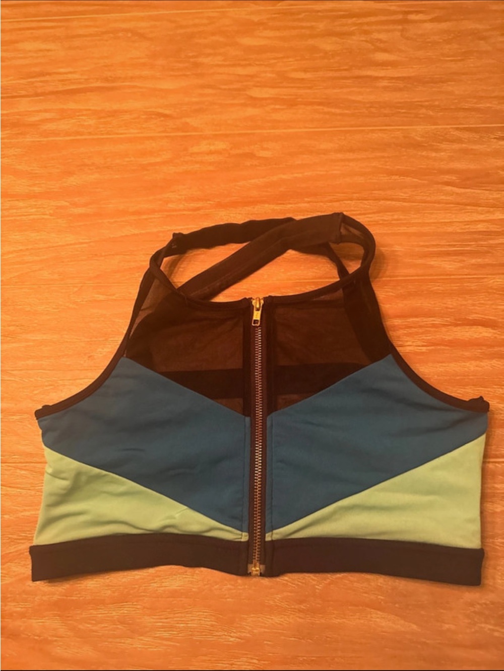 Beach Bunny Teal & Light Green Front-Zip Colorblock Swim Top